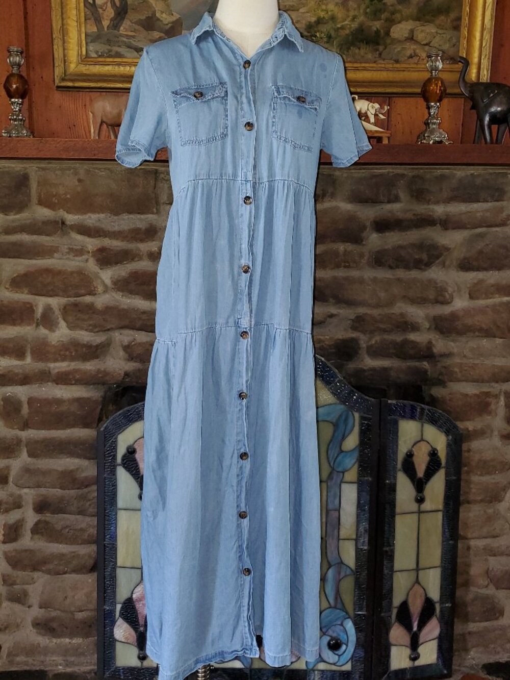 Vintage Womens Lightweight Denim Tiered Maxi Button Shirt Dress BOHO Prairie S